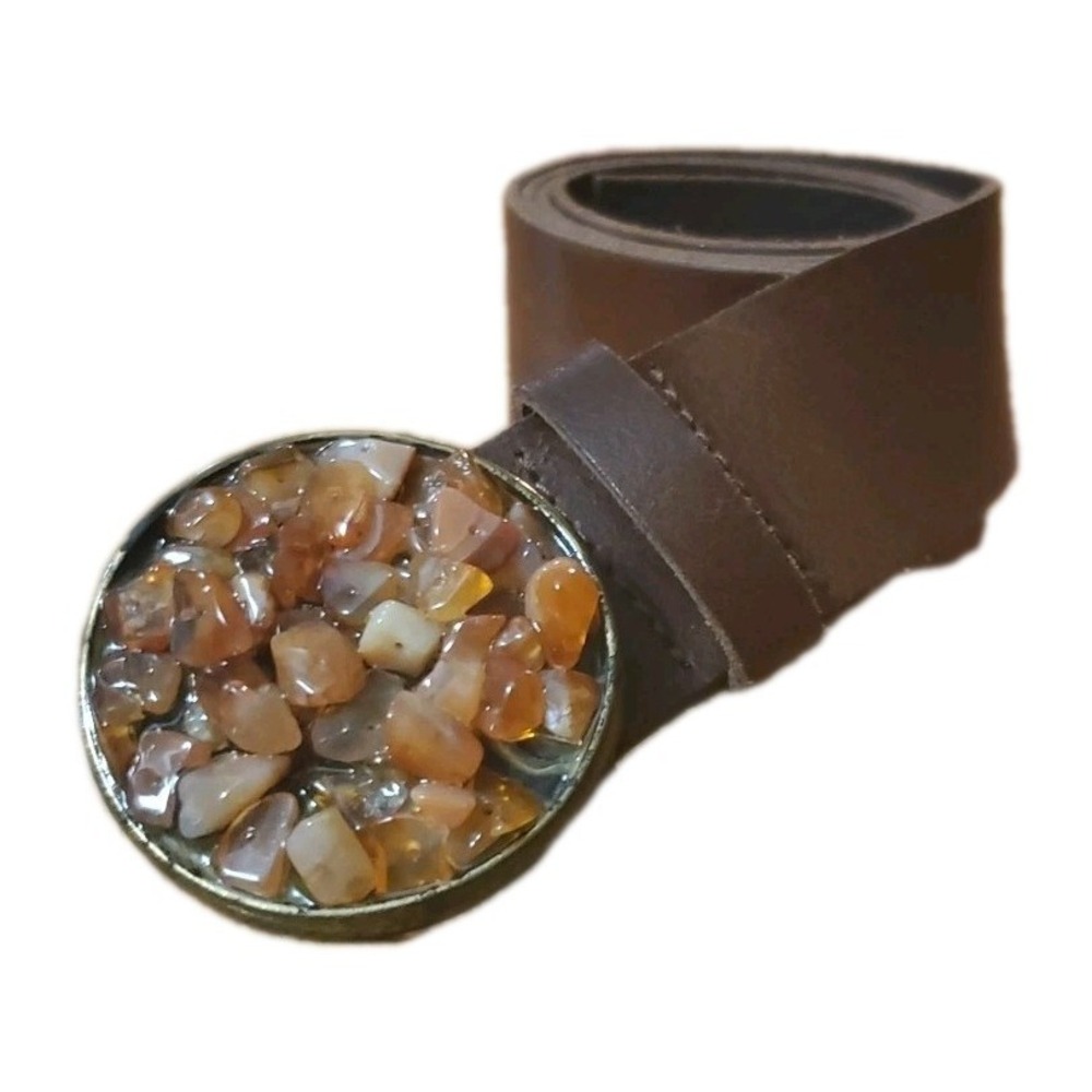 Gail Labelle Belt Western Brown Leather Gemstone Carnelian Buckle‎ Large Italy